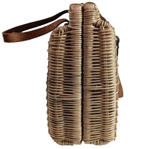 VTG Handwoven Wicker Basket Satchel Handbag Tan Leather-Brass Accents Hong Kong - Picture 6 of 11